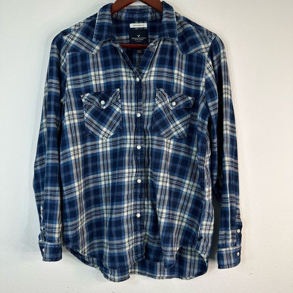 American Eagle Blue Plaid Boyfriend Fit Shirt Button Snap Long Sleeve Medium‎